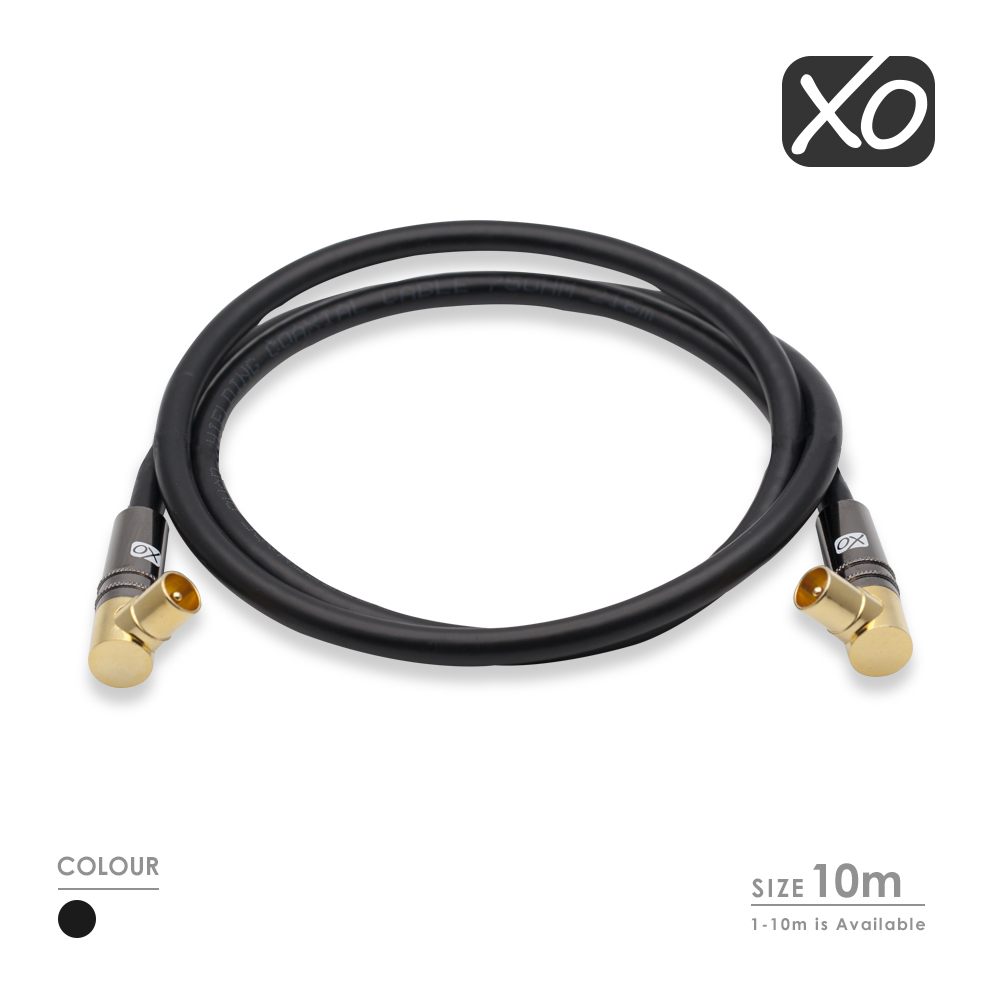 XO – 10 m Koax (Stecker) gewinkelt auf  Koax (Stecker) gewinkelt Kabel – Schwarz