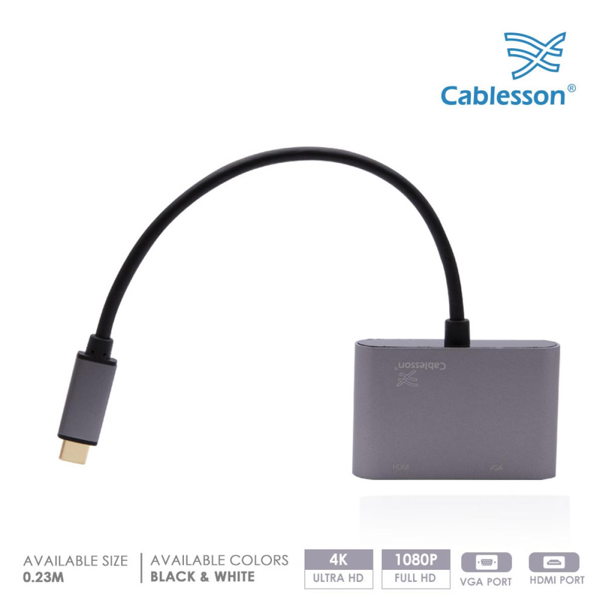 Cablesson USB-Type-C-Stecker auf HDMI+VGA-Buchse Adapter mit Aluminiumgehäuse 0,23 m 1080p/4K30Hz (Schwarz)