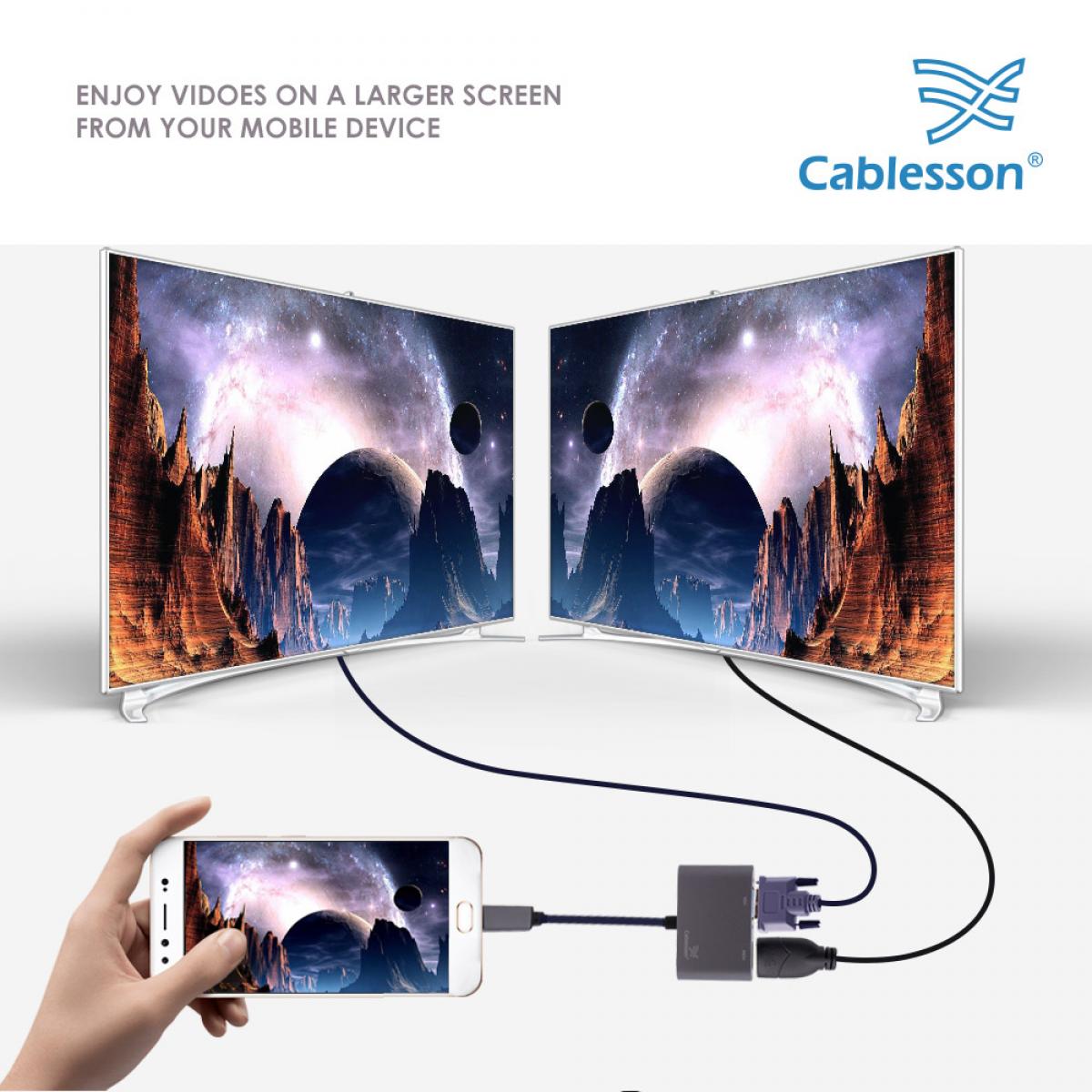 Cablesson USB-Type-C-Stecker auf HDMI+VGA-Buchse Adapter mit Aluminiumgehäuse 0,23 m 1080p/4K30Hz (Schwarz) – Bild 2
