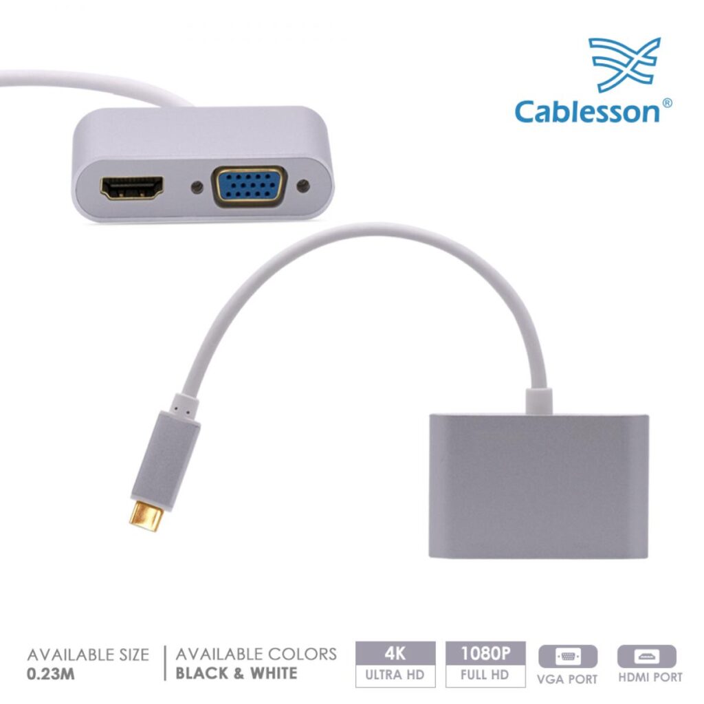 Cablesson USB-Type-C-Stecker auf HDMI+VGA-Buchse Adapter mit Aluminiumgehäuse 0,23 m 1080p/4K30Hz (Weiß)