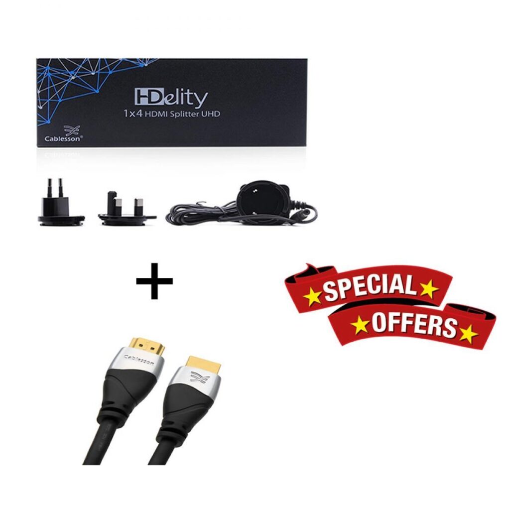 Cablesson 1X4 HDMI 2.0 Splitter MIT EDID (18G) v2 mit Ivuna Advanced HDMI-Kabel 2.1 – 0.5m
