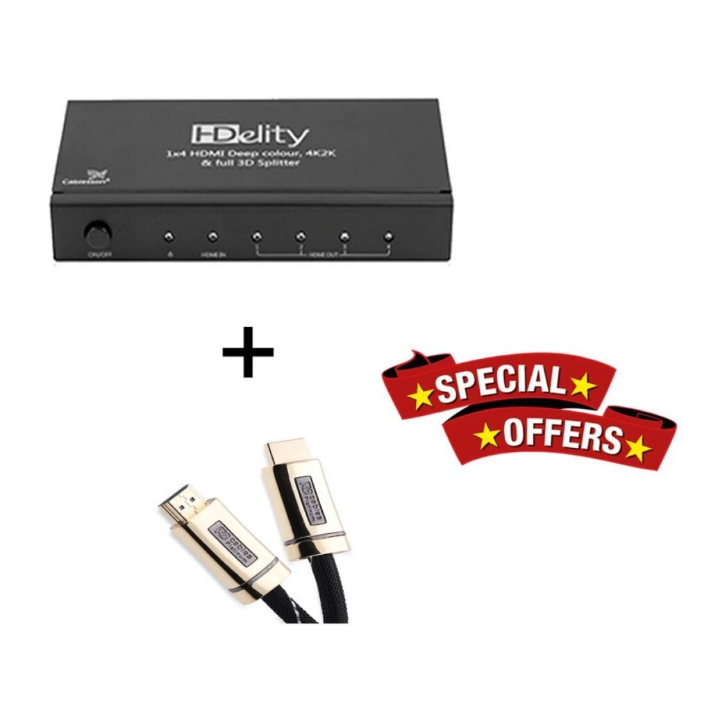 Cablesson HDelity 1×4 HDMI-Splitter mit 4K2K mit XO Platinum 2m High Speed HDMI-Kabel mit Ethernet – Gold