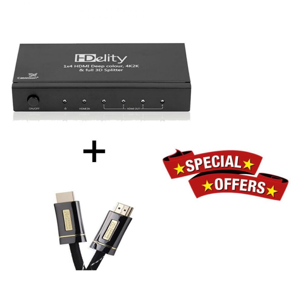 Cablesson HDelity 1×4 HDMI-Splitter mit 4K2K mit XO Platinum 2m High Speed HDMI-Kabel mit Ethernet – Schwarz