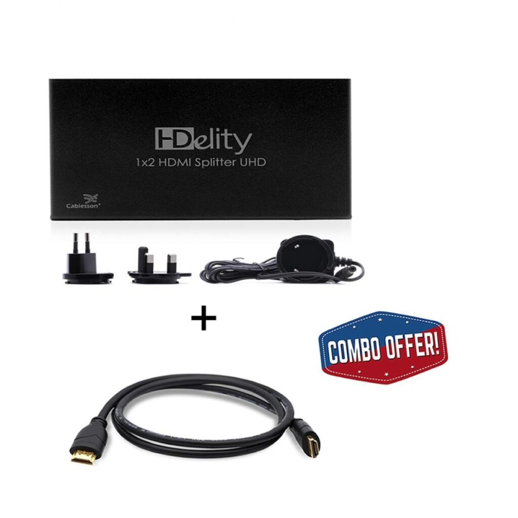 Cablesson 1×2 HDMI 2.0 Splitter MIT EDID (18G) mit Basic 2m High Speed HDMI-Kabel mit Ethernet – Schwarz